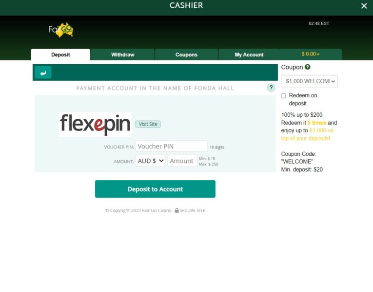 Flexepin deposits at Fair Go