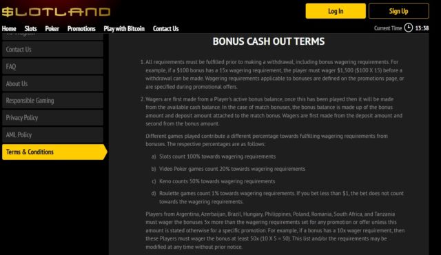 Slotland Casino Bonus Cash Out Terms